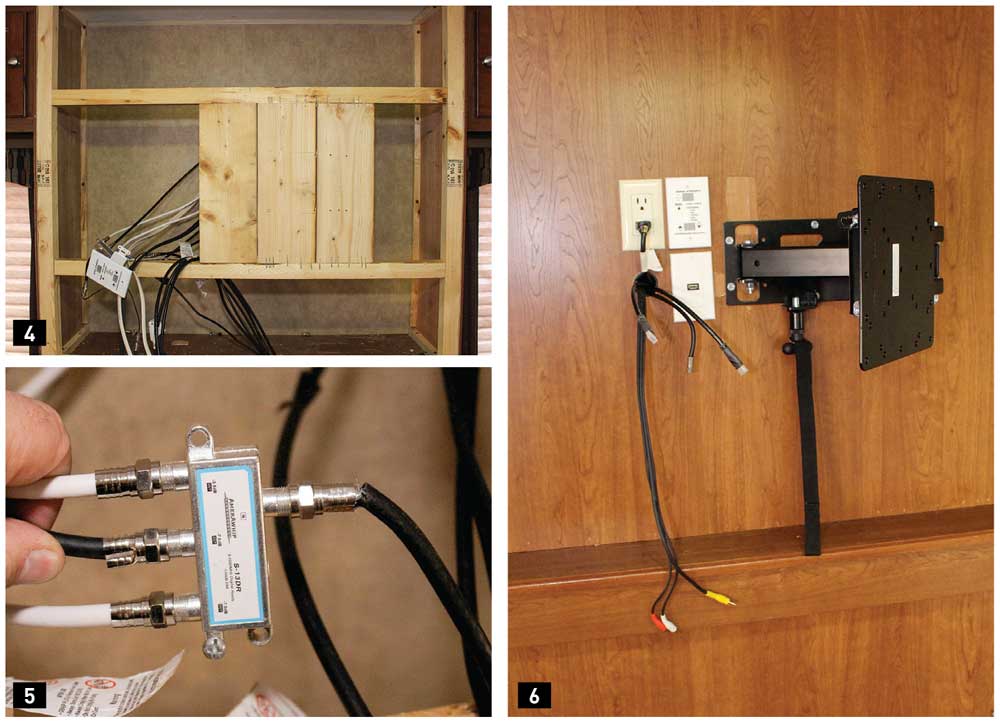 4) The framed wall, designed for the old TV mount, was modified for the new mounting bracket, which attached to the wall in the center behind the TV. We stripped the wall and added a 2x6-inch board for this modification. We used 2x6 lumber because that was what the manufacturer had used in the wall, but the TV is light, and smaller dimensioned lumber could have been used. 5) Upon opening the wall, we found bad coax connections that were the source of an annoying static condition. We replaced all the connections with professional-grade RG-6 connectors. 6) Additional HDMI cables were routed to the entertainment center; one existing cable was reused, along with the component cables for connecting to the system components, including the Furrion stereo. 