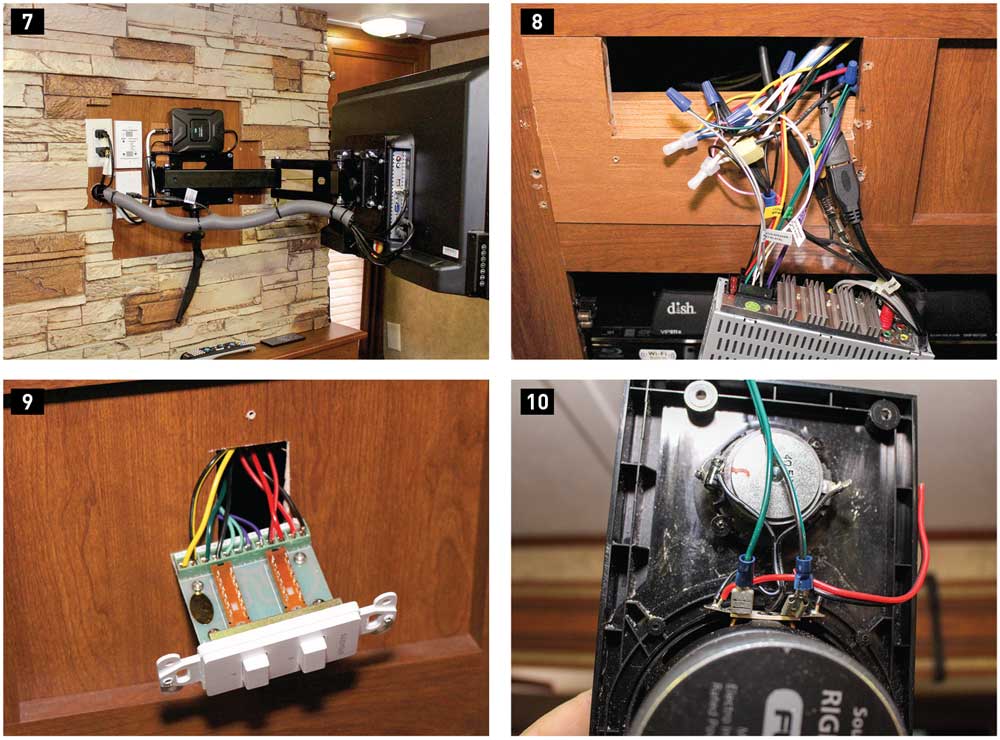 7) The finished TV installation required moving the receptacles and cutting the stone facade. We filled in the remaining holes with putty later. The large hole in the panel was disguised with matching laminate tape acquired from an RV-surplus store. 8) Rewiring the stereo head was easy but required modification because the new unit had two speaker zones instead of three, which required adding a Pyle PVCS2 speaker switch. 9) Once the speaker switch was installed, the living room speaker bars were on “A” and the bedroom and outside speakers were on “B,” further split on the Pyle switch and marked. 10) The Furrion speakers can be hardwired or connected using the included spade terminals. 