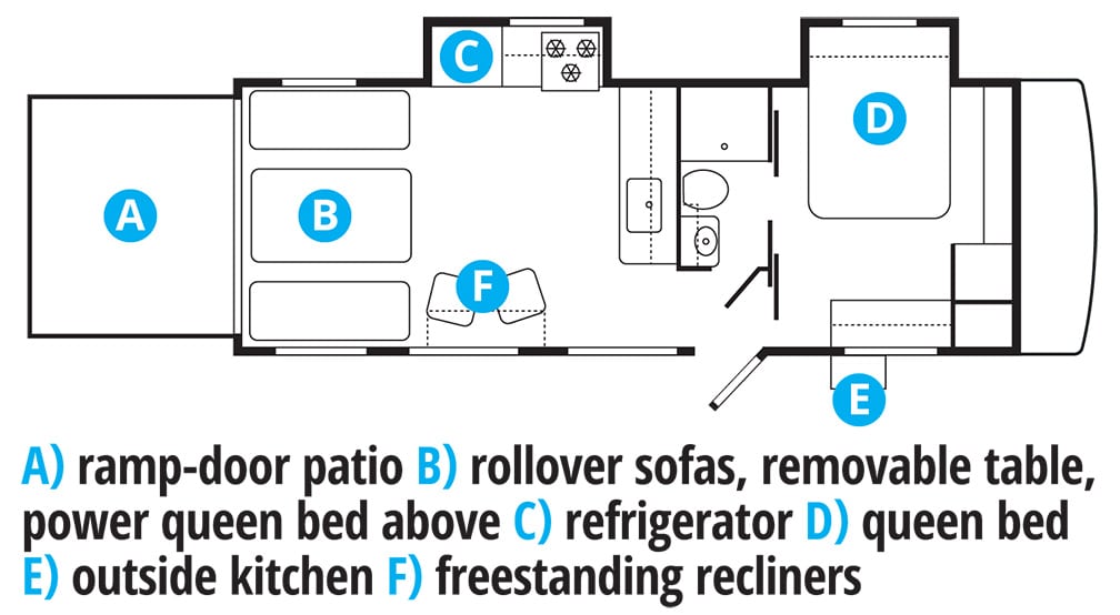 Floorplan showing two slide outs and ramp.