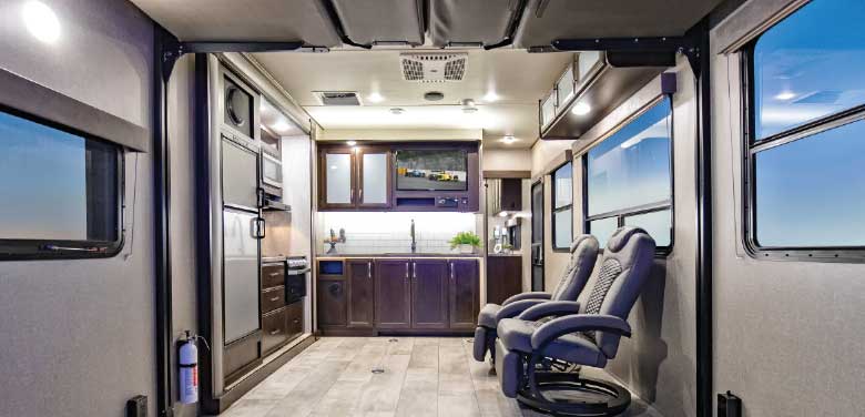 Overal interior view of Grand Design Momentum G-Class Toy Hauler RV