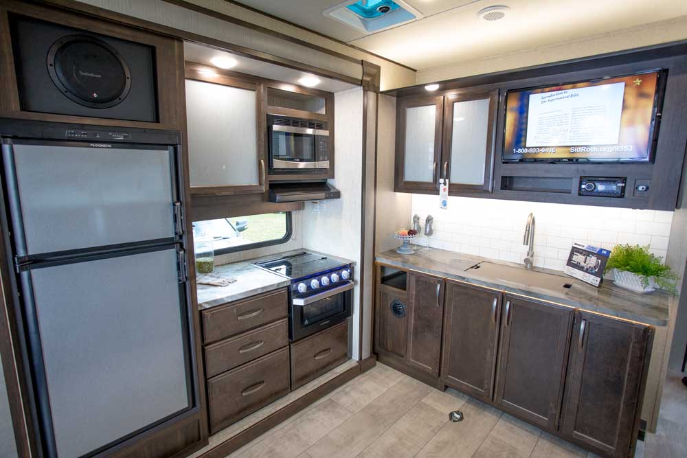 Galley area ofGrand Design Momentum G-Class Toy Hauler RV