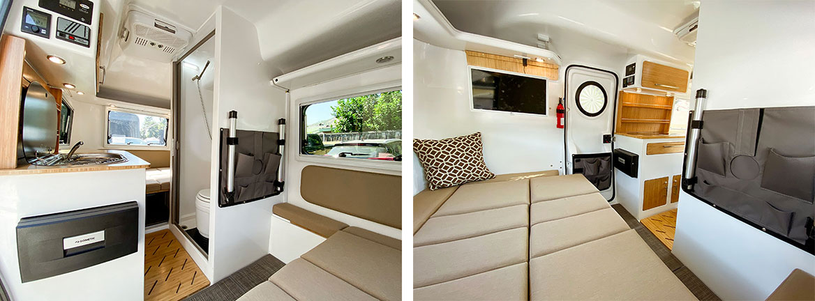 Two interior views of the HCT trailer showing the bathroom, kitchen and bed setup