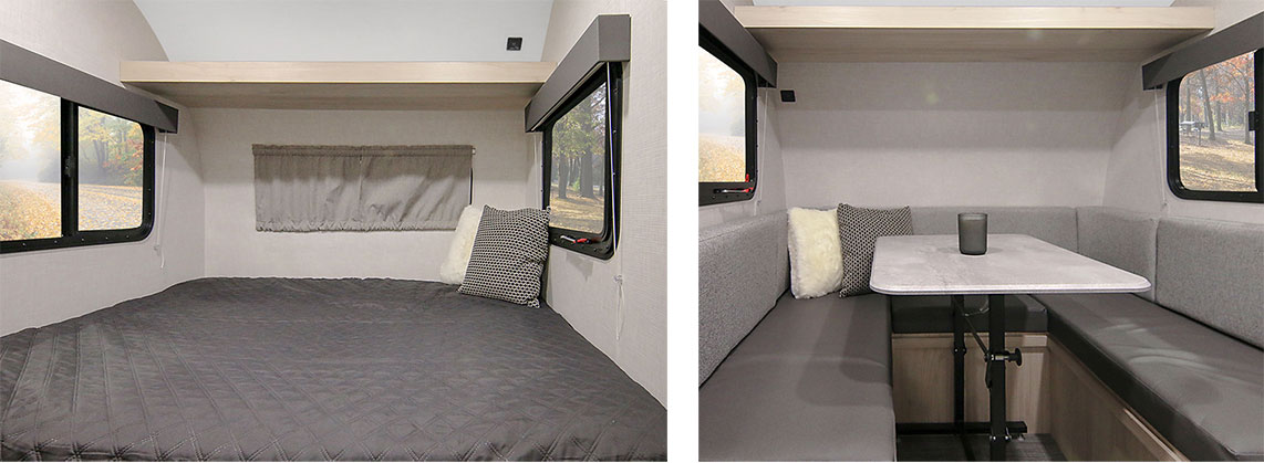 Gray bedding on queen bed and dinette with gray cushions.