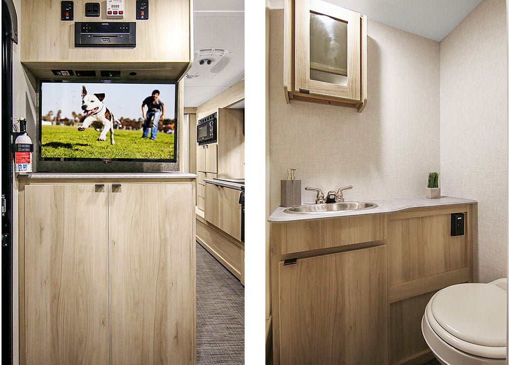 Side by side photos of entertainment center with TV and bathroom with mirrored medicine cabinet.