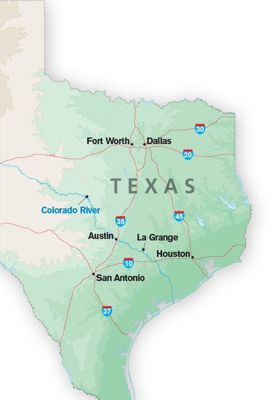 Map of Texas showing Forth Worth, Dallas, Colorado River, Austin and Houston with highways