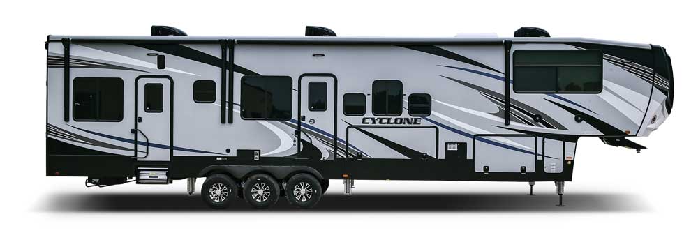 Exterior side view of Heartland Cyclone 4101 King Toy Hauler RV