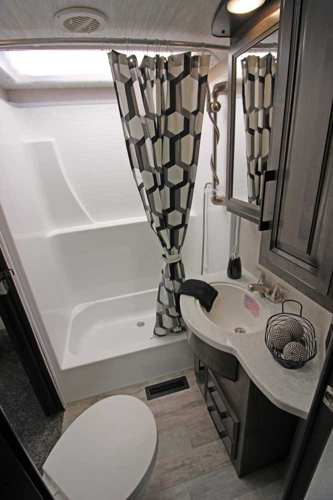 Heartland Cyclone 4101 King Toy Hauler RV bathroom with spacious shower