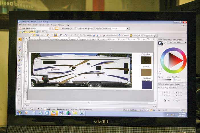 A digital photo of the trailer’s side wall was taken with a camera and downloaded to VIP Enterprises’ special computer-graphics program. This is done to generate a pattern for the new vinyl graphics.