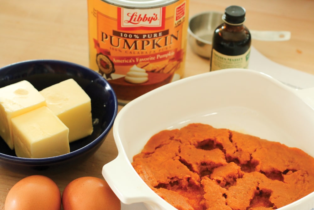 For the recipe below, use canned pumpkin or make your own pumpkin puree by baking fresh pumpkin and pureeing the flesh in a food processor.