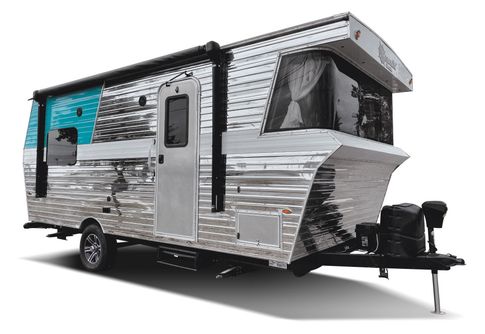 Silver and turquoise retro exterior of Terry Classic trailer