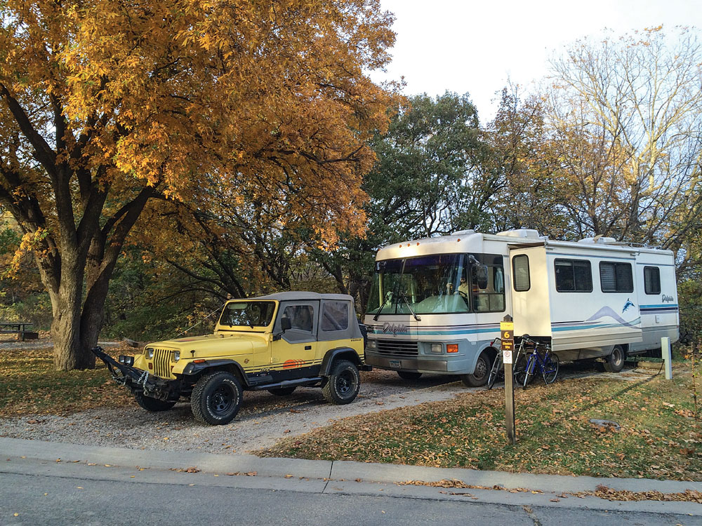 The McLaughlin’s camping spot in the bluffs of Iowa during the Halloween season. 