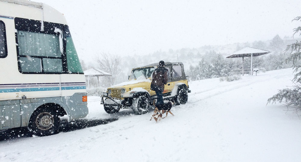 Caught in an unexpected snowstorm while camping in New Mexico. This was Theo’s first snow experience, and he took to the white stuff right away.