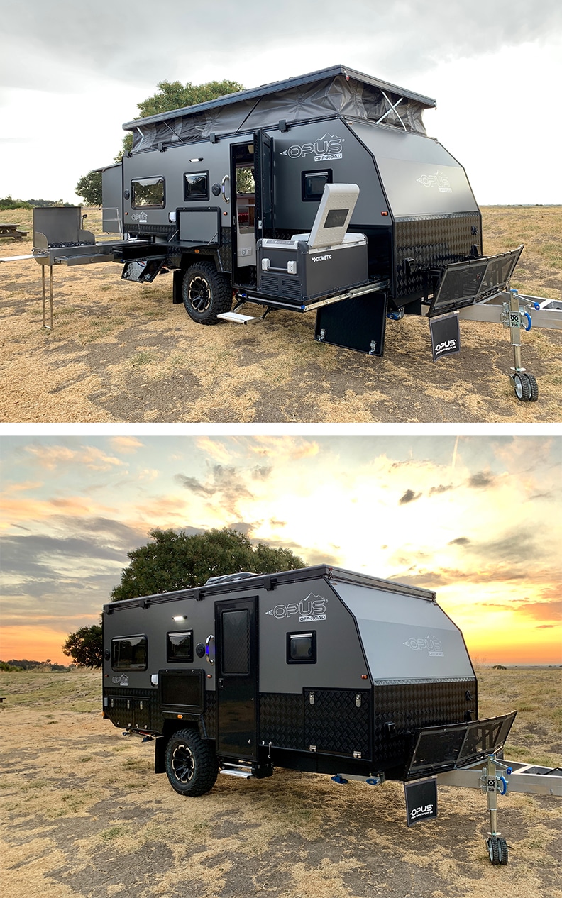 One photo showing the trailer with the top up and sides out, and a second showing the closed trailer.