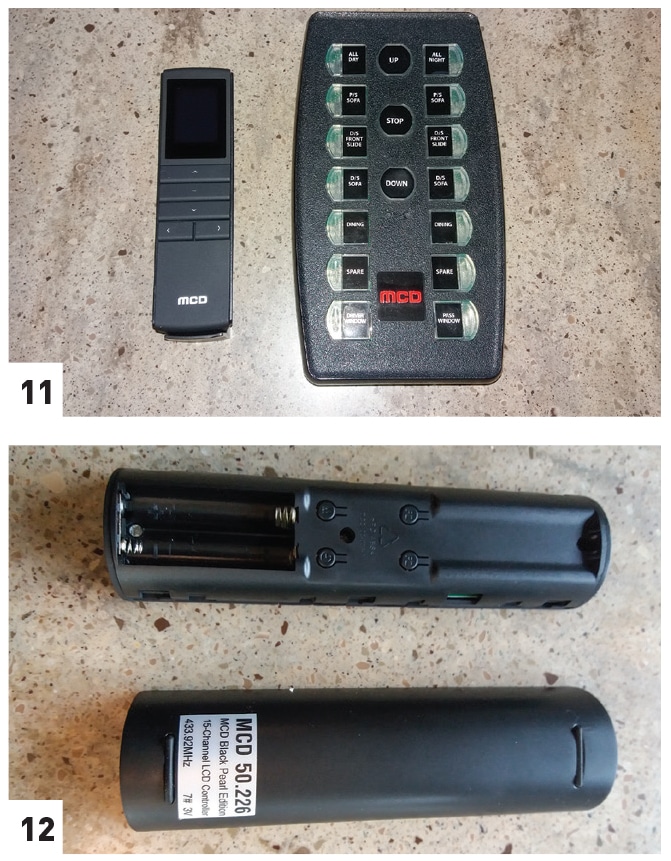 [11] The new 15-channel remote (left) is smaller than the 14-channel unit (right) and has an LCD display. [12] The faceplate of the remote is removed to change the batteries.