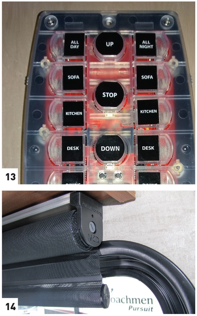 [13] Programming buttons and batteries can be found by removing the front cover on the remote. [14] The manual shade adjustments are in the center of the brackets. The gray color shows this is the AutoStop adjustment. 