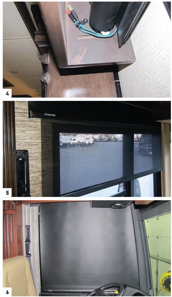 [4] Cable ties are often used to keep the Learning Keys from hanging below the valance. [5] Clearview Solar Screen fabric day shades can easily be seen through from the interior yet still provide privacy. [6] Sway shades offer full coverage of raked cockpit windows.