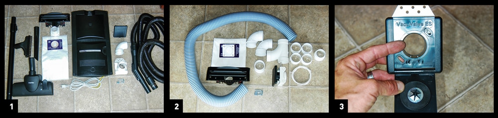 [1] InterVac’s RMH model kit comes with all the components necessary for a remote installation. [2] A great option for the InterVac system is the VacPort inlet that’s installed in the wall at floor level in a convenient location, usually where there is no carpeting. [3] Inlet valve for the main vacuum system can be installed in a central location; multiple valves can be used if necessary.
