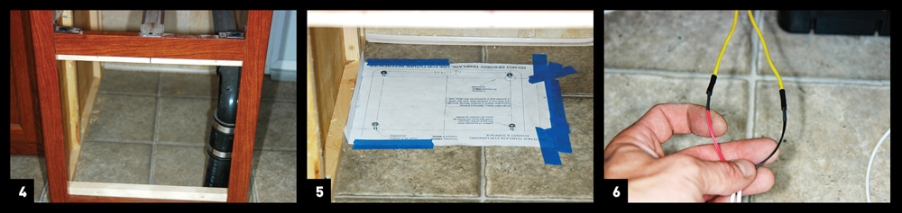 [4] For this installation, an unused compartment at the floor was used to mount the vacuum housing and necessary hoses and fittings. [5] An accurate template is provided with the kit for determining the location of the fasteners that hold the vacuum housing in place. Here, the screws were driven through the paper. [6] Two 20-gauge wires are routed from each valve port to the yellow wires in the bottom of the vacuum housing.