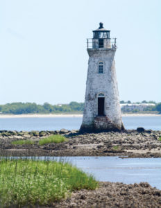 IN CONTRAST TO 154-FOOT-TALL TYBEE ISLAND LIGHT STATION, WE ALSO VISITED THE SMALLER, 46-FOOT-TALL AND MORE ISOLATED COCKSPUR ISLAND LIGHTHOUSE NEAR FORT PULASKI.