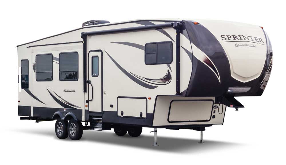 Beige and brown Keystone Sprinter Campfire travel trailer