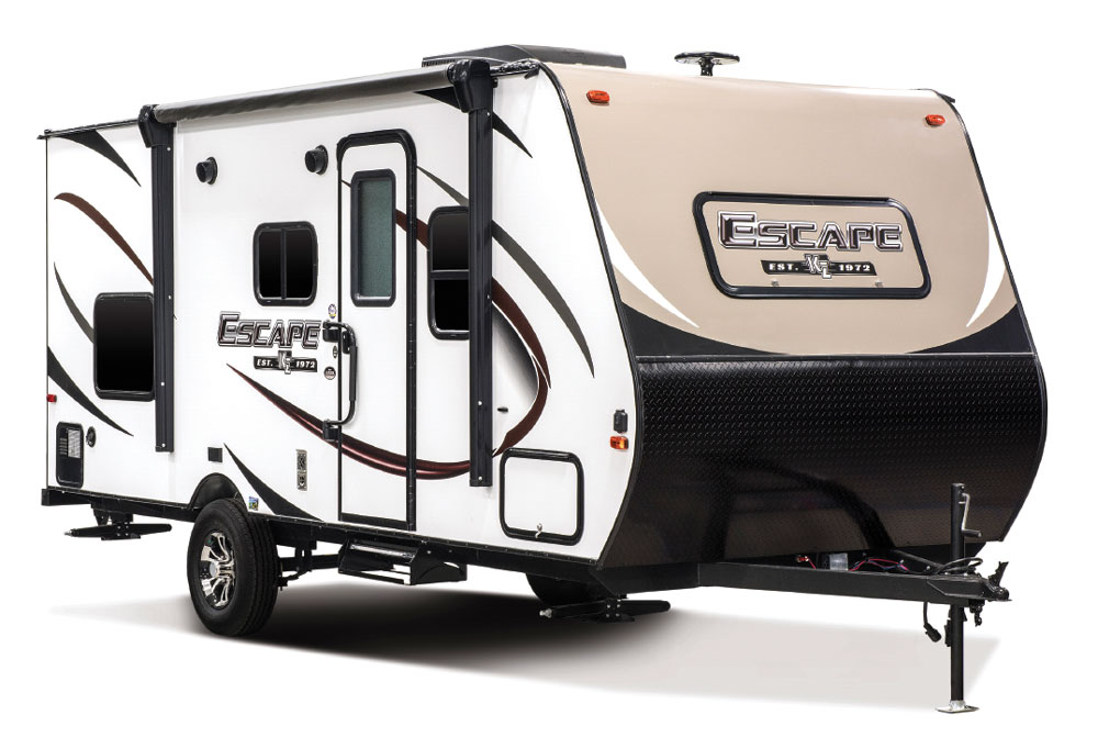 White and brown designed KZ Escape travel trailer