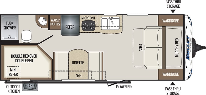 Floorplan showing location of Murphy bed up front and bunks in the rear