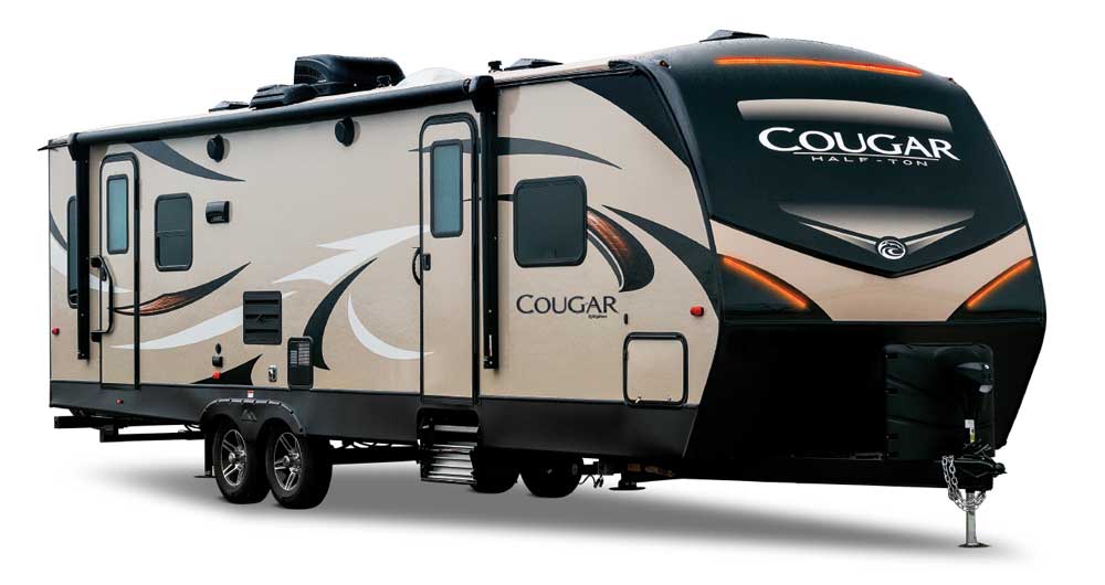 Tan and black Keystone Cougar Half-Ton 32RLI travel trailer