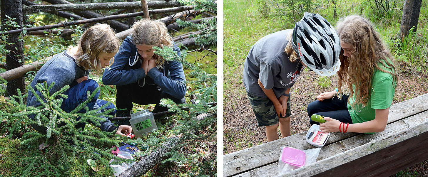 Side by side photos of two children finding geocaches.