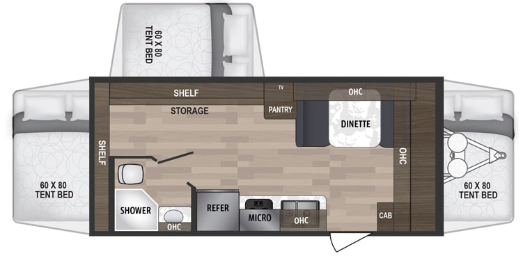 Floorplan drawing showing three tent beds and positions of bathroom and kitchen features.