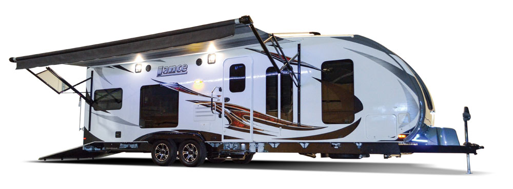 Lance fifth wheel trailer with awning out and accent lighting