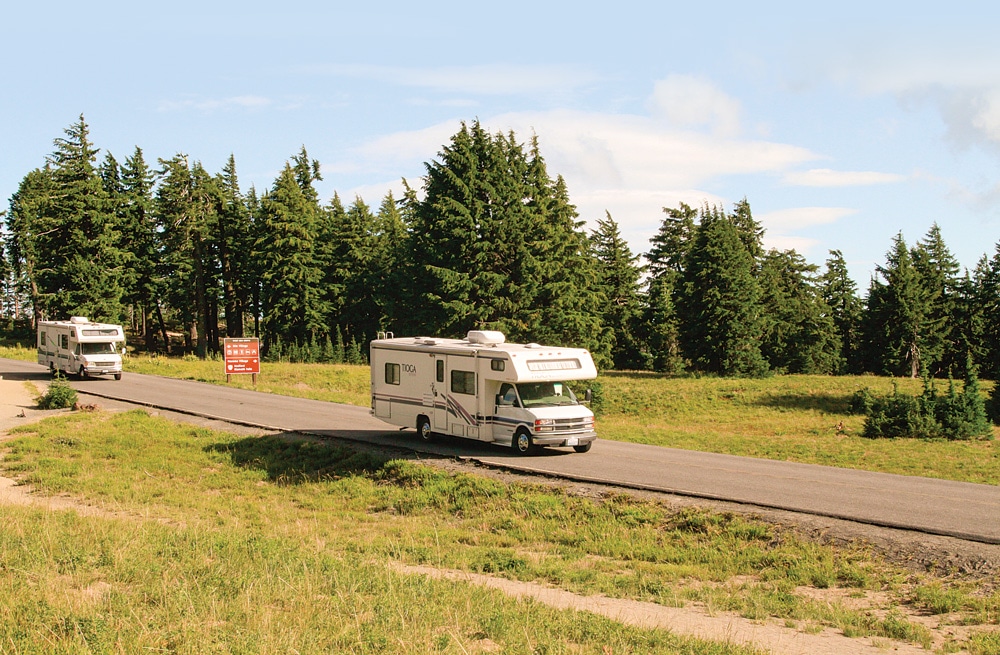 RVs easily navigate the main road into Crater Lake National Park and RV camping is available at nearby Mazama Village Campground.
