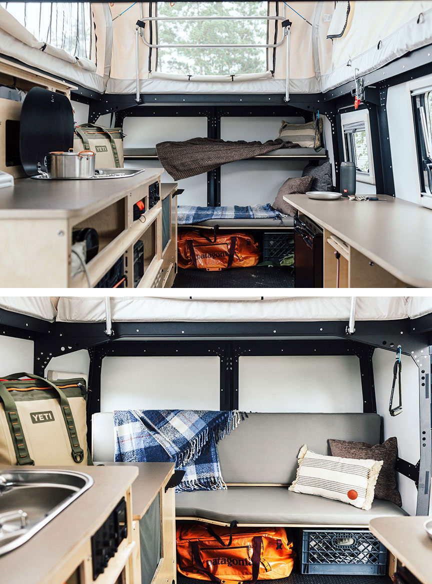 Two views of bunks for sleeping and for lounging.