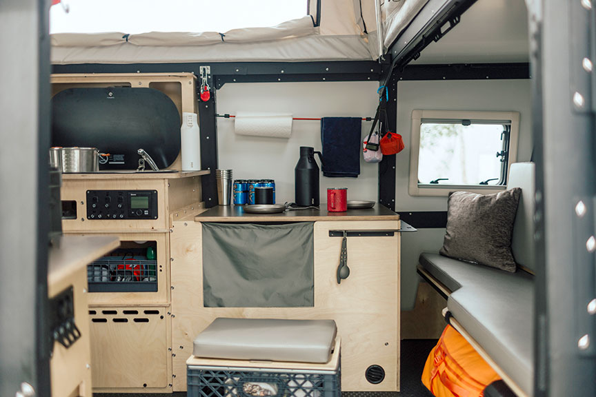 View of kitchen space inside Mantis trailer