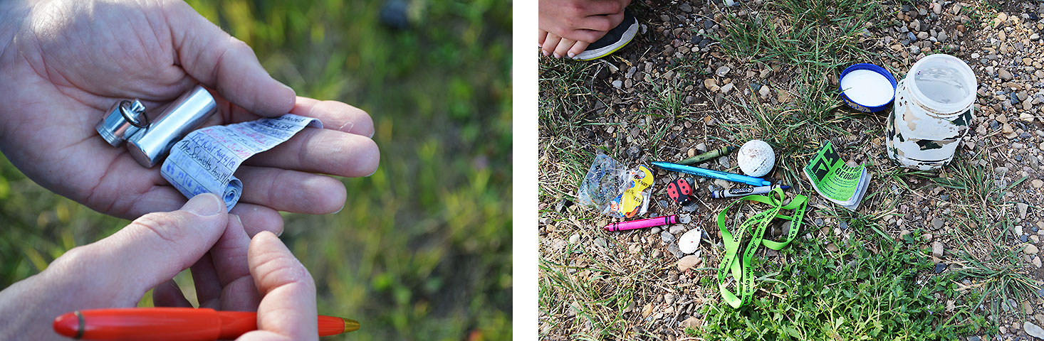 Photos of a micro geocache and a larger canister filled with treasures.