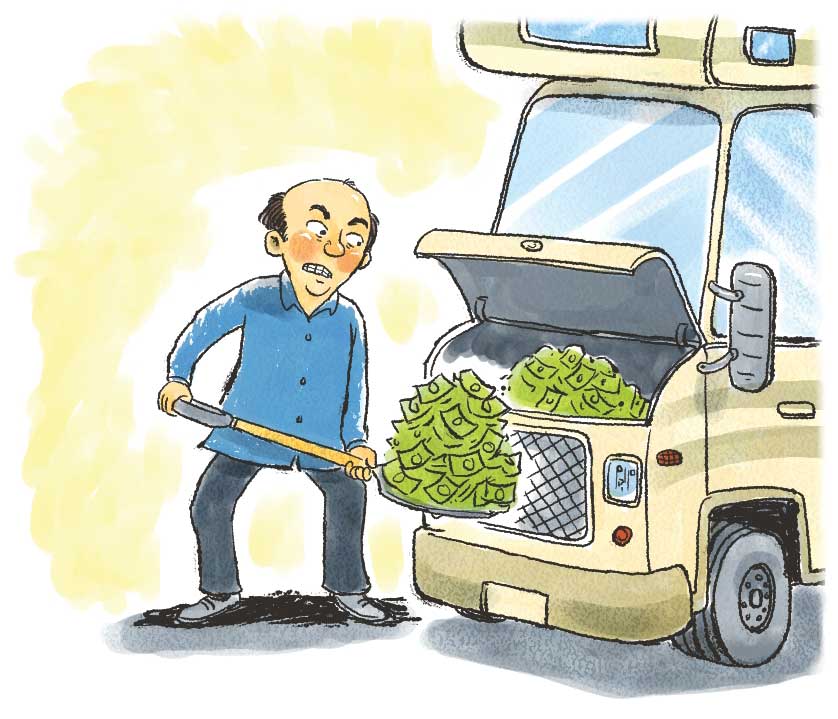 Illustration of man shoveling money into his motorhome