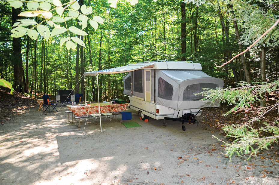 Enjoying woodsy privacy in a popup at the Little River Campground, with only a short walk to the beach. 