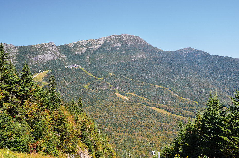 A view of Stowe’s ski slopes and the Mount Mansfield summit from the historic auto toll road.