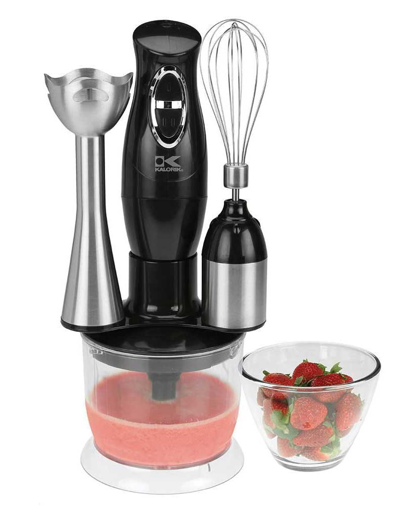 Handheld immersion blender with an assortment of attachments 