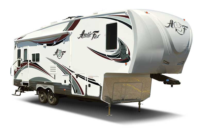 White Arctic Fox fifth wheel motorhome with white background