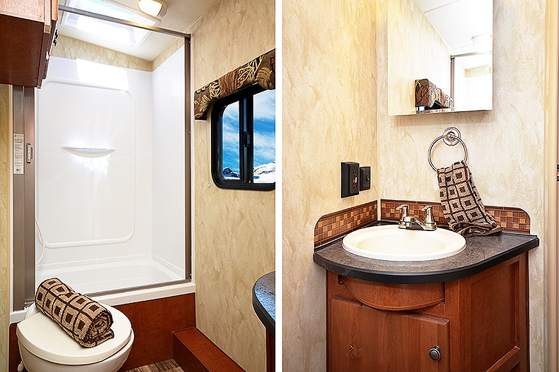 Side by side photos showing the tub/shower on one side and sink/vanity on the other.