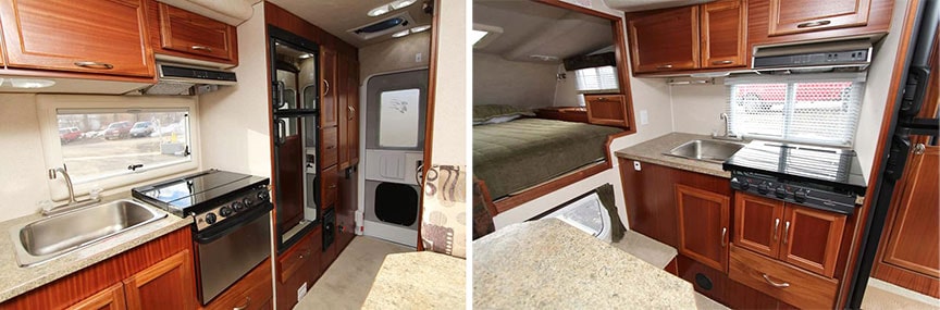 Two interior views of Northern Lite camper from front to back.