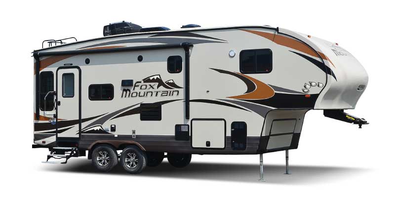 White and brown designed Fox Mountain travel trailer