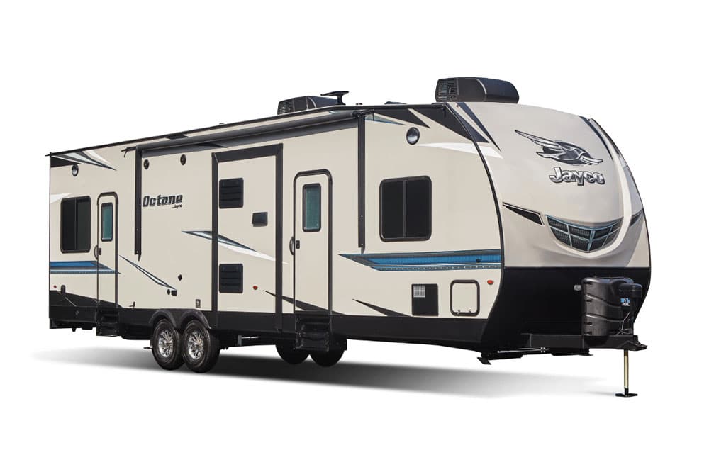 Beige and blue Jayco Octane fifth wheel