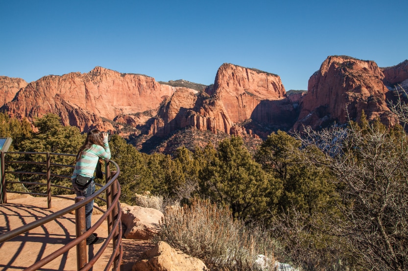 Kolob Canyons Viewpoint is located in the northern, quieter section of the park and can be accessed via a 5-mile scenic drive along Kolob Canyons Road.