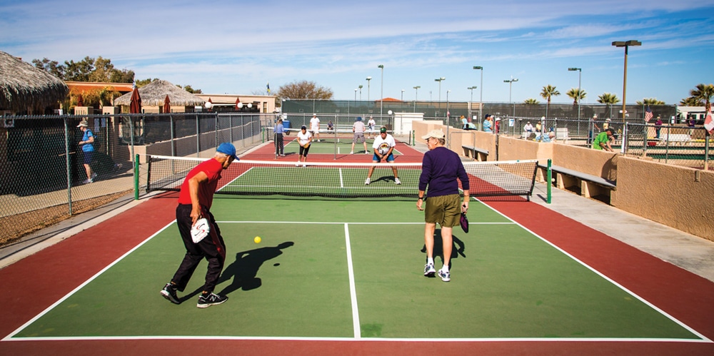 Voyager RV Resort in Tucson, Arizona, is one of 16 Equity LifeStyle (ELS) Properties resorts across the country that have pickleball courts.