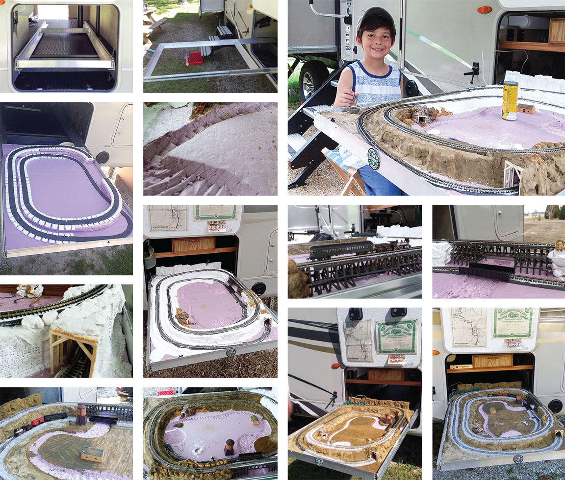 Collage of Steve Knoederer's model train project with grandson in top right.