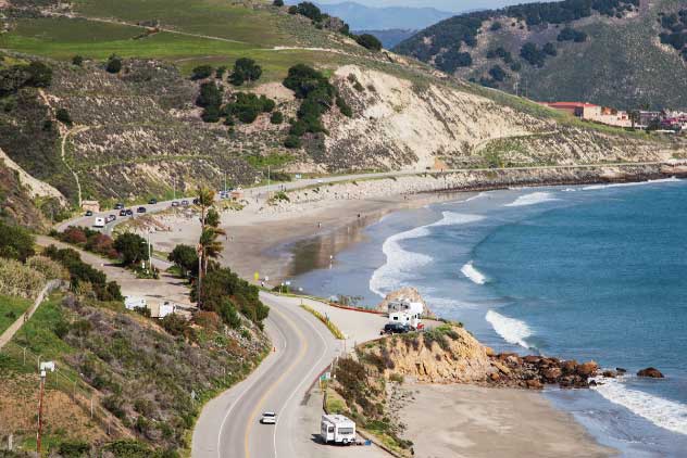 Below the road to Point San Luis Lighthouse, RVs park along Avila Beach Drive, named for its quiet seaside terminus just north of Pismo Beach.