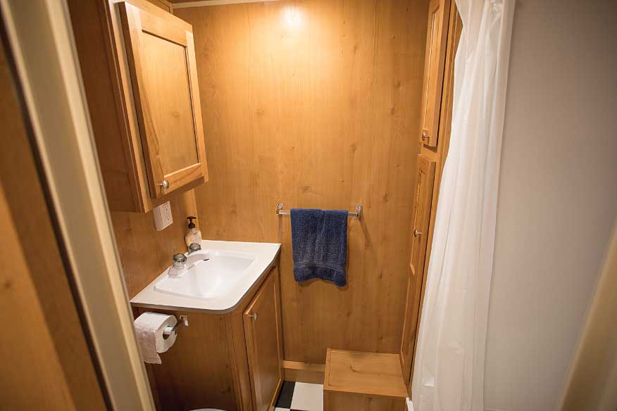 A deep linen closet and full-size shower contribute to a good RV-bathroom experience. 