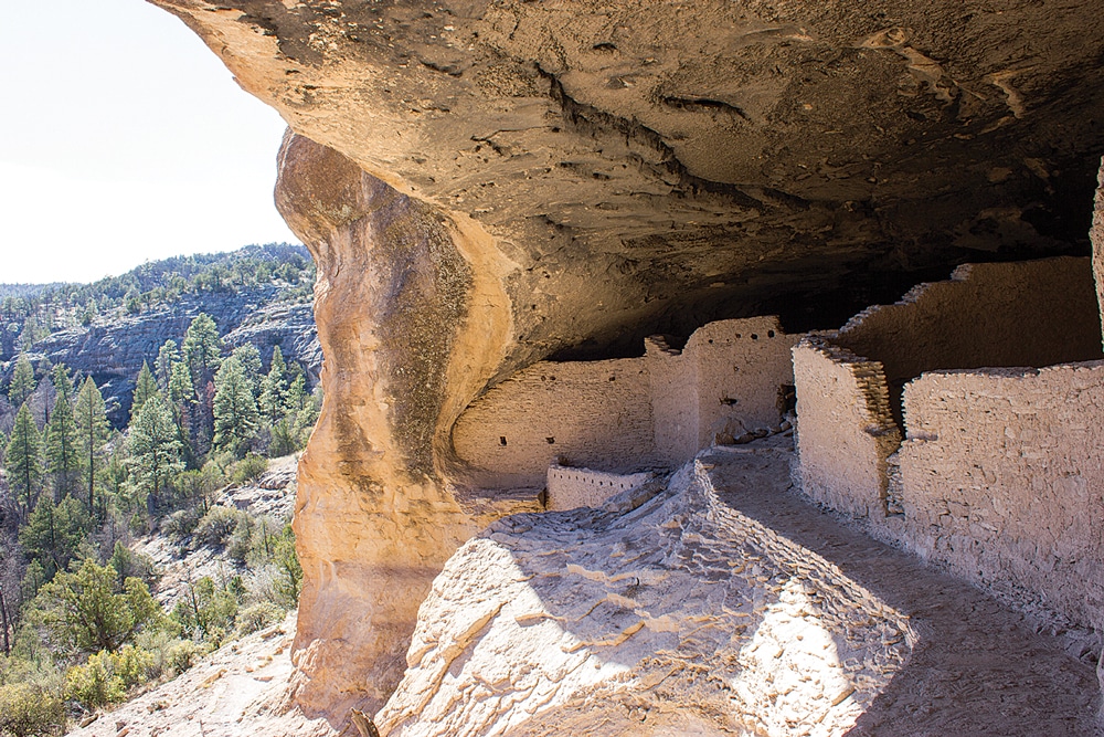 More than 700 years ago, ancient Puebloan people built about 42 rooms inside five natural caves in the Gila Cliff Dwellings. Archaeologists believe eight to 10 families lived in this cliffside village.
