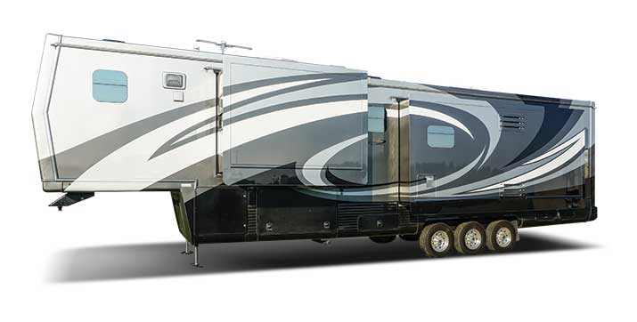 Side view of fifth wheel travel trailer